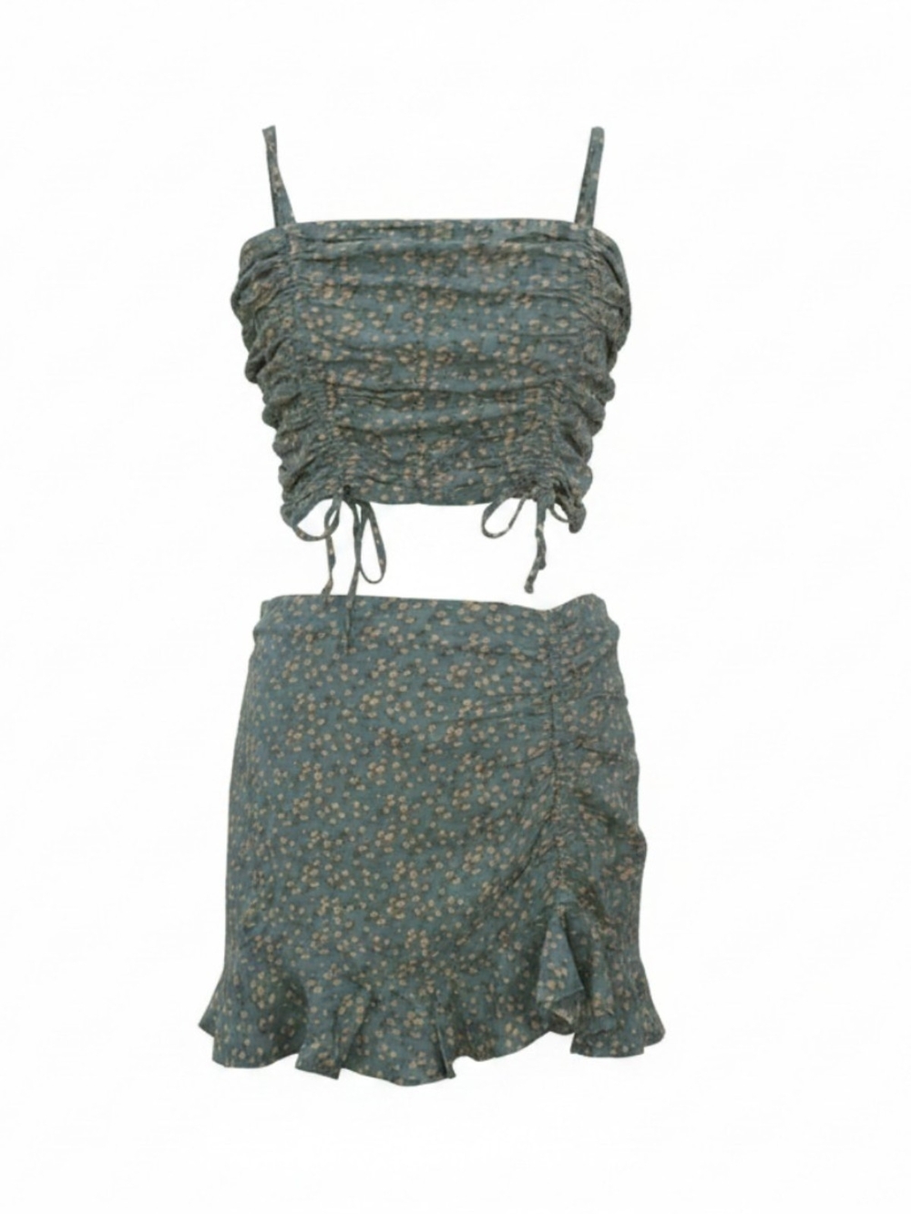 Dizzy Lizzy Green Floral Ruched Crop Top & Ruffle Mini Skirt Set